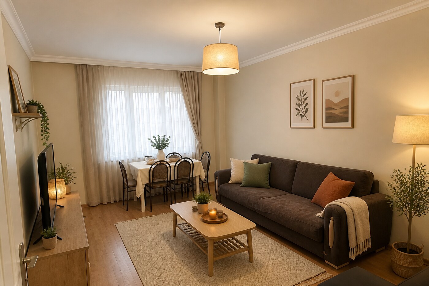 ChatGPT ile oda tasarımı sonrası - aynı salonun sıcak, modern ve aydınlık hale getirilmiş yeni tasarımı